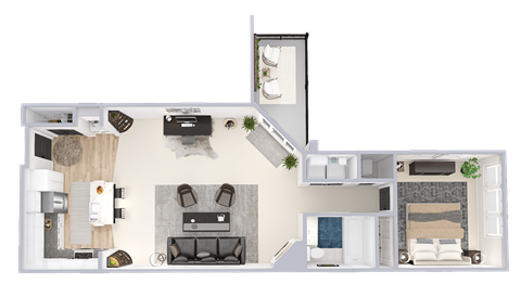 a floor plan of a one bedroom apartment with a fireplace and a balcony